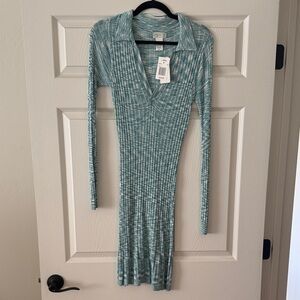 l*space Teal Mix Ribbed Long-Sleeve Collared Knit Dress